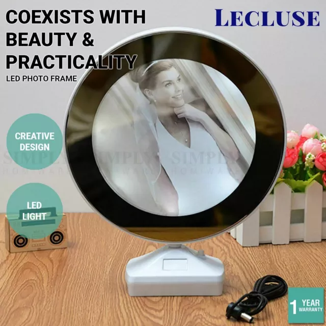 Lecluse LED Photo Frame Magic Mirror Round Makeup Light Home Decor Portable