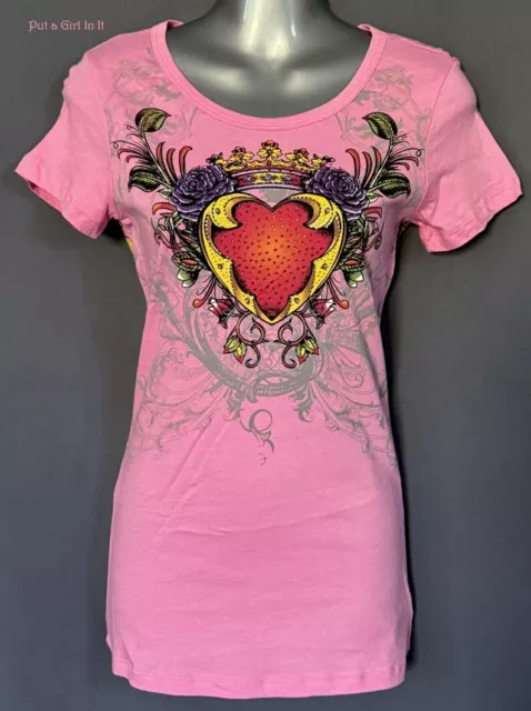 New VOCAL Womens CRYSTAL PINK HEART CROWN BLUE BIRDS WINGS ROSES T SHIRT M