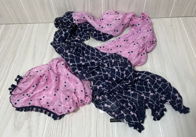 Talbot's Women's blue pink lattice pattern scarf lightweight modal fringe ends