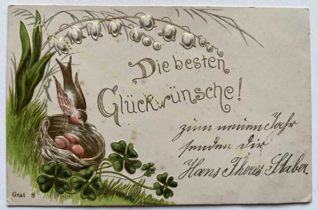 AK Motiv 1904 Glückwunsch Litho Prägekarte Vogel Maiglöckchen