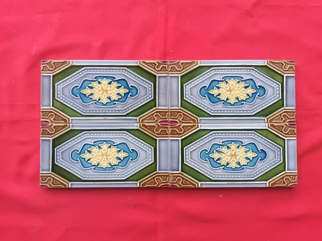 4 Piece Old Art Flower Design Embossed Majolica Ceramic Tiles Japan 0194