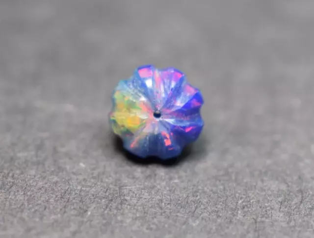 Blue Opal Flower Pumpkin Bead, Rainbow Holographic Unique Carved Gemstone