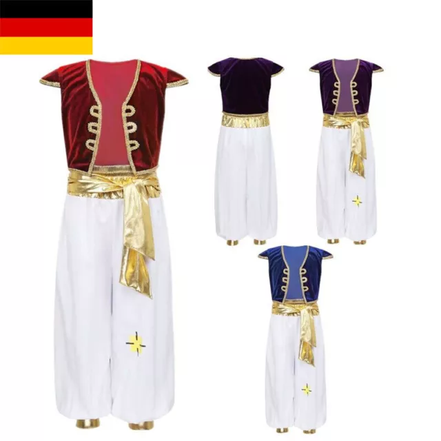 DE Kinder Jungen Arabischer Prinz Kostüm Cap Ärmel Weste Weste mit Hosen Outfits