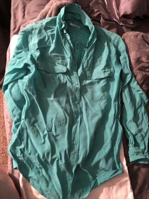 Equipment Femme Womens Silk Collared Button Up Blouse Teal Green Size Small S