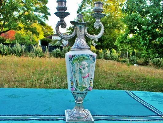 Bougeoir ancien Fille métal argenté  Faïence Old candlestick Girl silver metal E 2