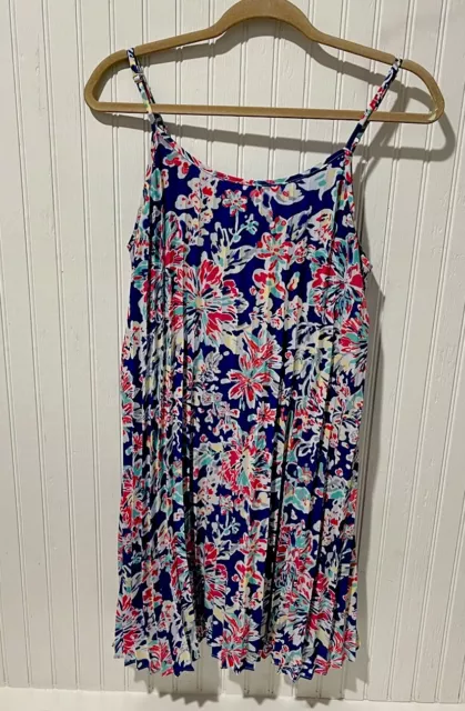 Skies Are Blue Pleated Watercolor Floral  Summer Tropical Beach Dress Sz Small