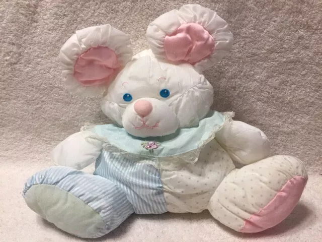 Vintage 1988 Fisher Price Puffalump 12” MOUSE with Rattle Pink Bib Blue Stripes