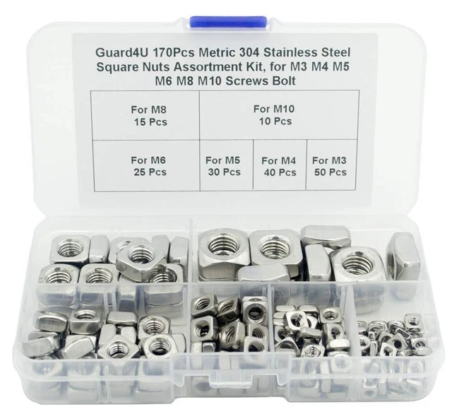 170Pcs Metric Stainless Steel Square Nuts Kit