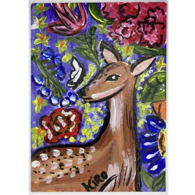 ACEO ORIGINAL PAINTING Mini Collectible Art Card Signed Animal Flowers Deer Ooak