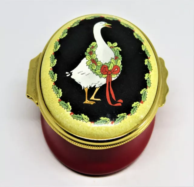 Halcyon Days Enamel Box - Goose & Christmas Holly Wreath - Red Ribbons - Gump's