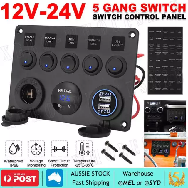 12V Switch Panel USB Charger 5 GANG ON-OFF Toggle LED Rocker for Car Boat Marine