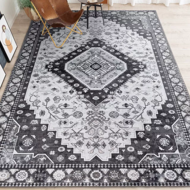 Extra Large Floor Rug Charcoal Black Soft Pluh Persian Traditional Carpet 6 Size