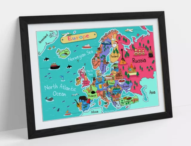 Kids Colourful Map Of Europe -Framed Wall Art Picture Poster Print Decor