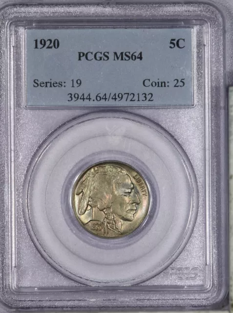 1920 Buffalo Nickel 5c PCGS MS64 - Beautiful color!