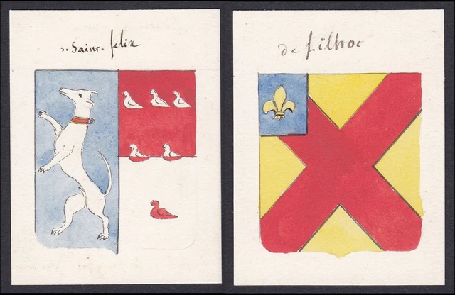 19. Siglo De Filhot Saint-Félix Francia Escudo Nobleza Abrigo De Arms Acuarela