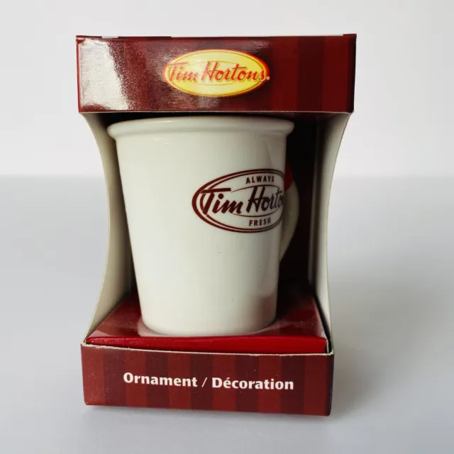 2011 Tim Hortons Ceramic Coffee Cup Ornament with Red Satin Hanging Ribbon IOB