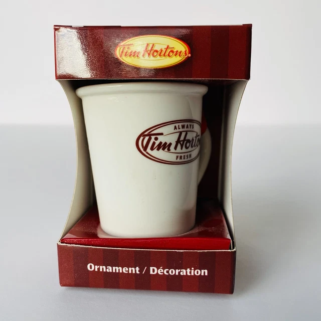 2011 Tim Hortons Ceramic Coffee Cup Ornament with Red Satin Hanging Ribbon IOB