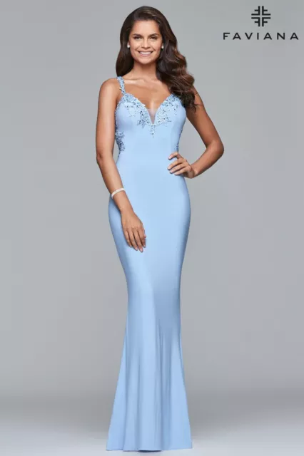 Faviana Sleek Jersey Cloud Blue Open Back Dress With Lace Accent Size 8 3