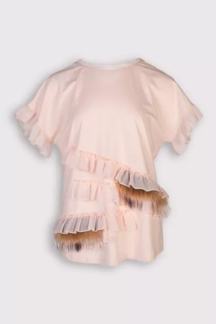 RRP €155 LIU JO Top Blouse US6 IT42 M Raccoon Fur Trim Ruffles Short Sleeve