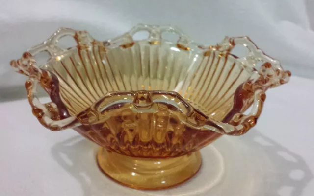 Vtg Westmoreland Glass Amber Ribbed Footed Bowl Hobnail Ruffle Open Lace Edge