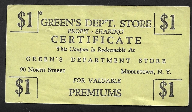 1950's Middletown, NY - Green's Department Store $1 Profit Sharing Certificate