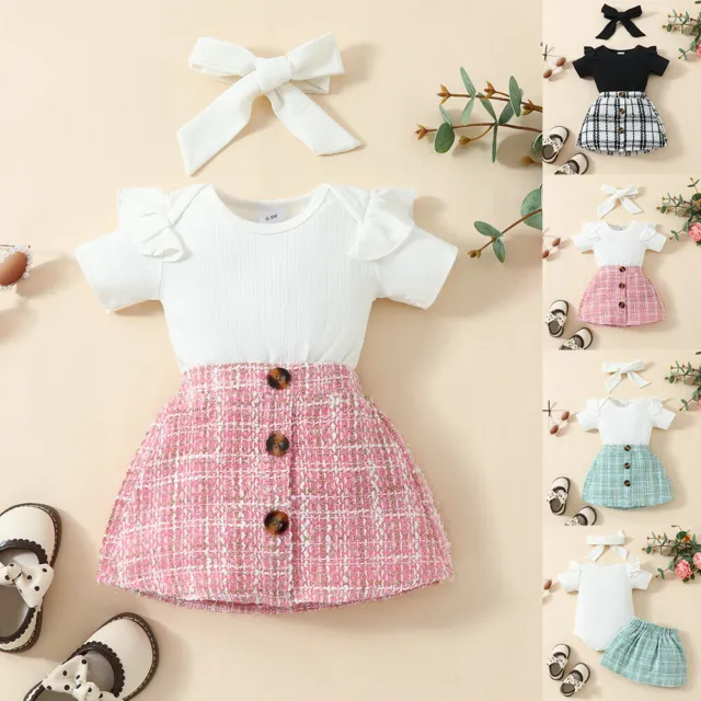 Baby Girls Short Sleeve Romper Bodysuit+Mini Skirts+Headband Sets Infant Outfits