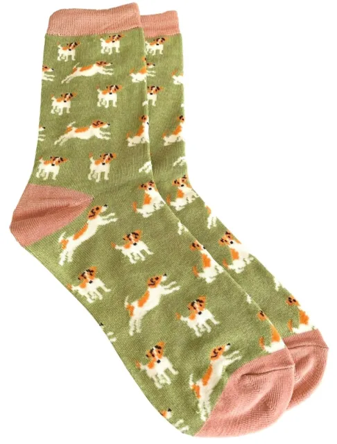 Jack Russell Socks Ladies Green Pink Bamboo Cotton Dog Print Shoe Size 4 - 7
