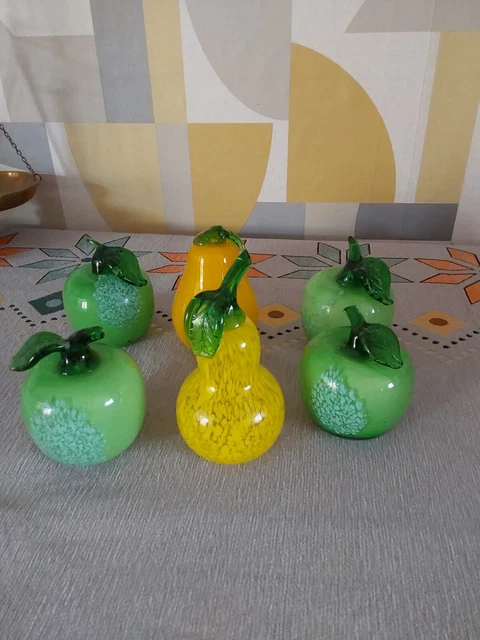 Glass Pear Paperweight. Ornament. Vintage. Yellow, Green. Mottled. Stalk, Leaf.