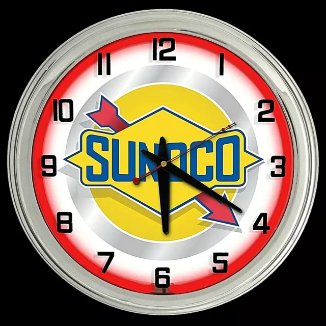 16" Sunoco Vintage Sign Red Neon Clock Gasoline Motor Oil Gas Man Cave Garage
