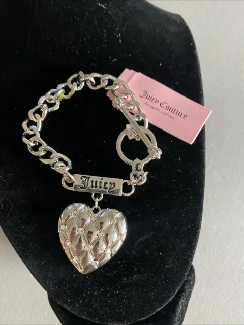 Juicy Couture Jewelry Silver Charm Bracelet Crystal Pave Bling Heart 7.5  Toggle