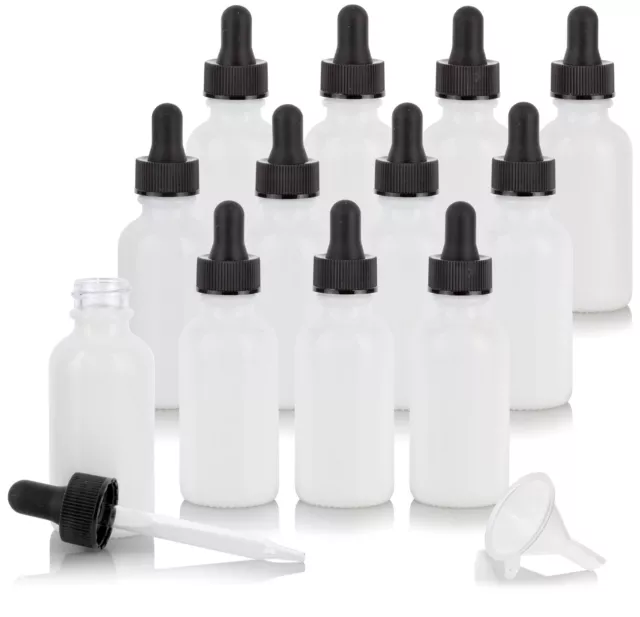 White Glass Boston Round Dropper Bottle with Black Top - 1 oz / 30 ml