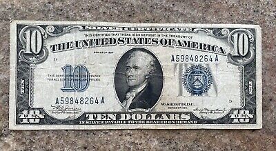 1934 $10 Silver Certificate United States Note Blue Seal  A59848264A Very Good