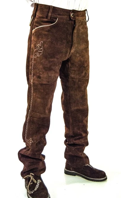 *Nuovi* pantaloni tradizionali in pelle bovini lunghi pelle velluto ricamo marrone chiaro taglia 52