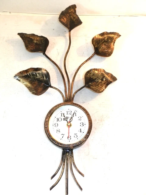 Big Wall Clock Leaves Wrought Iron Gold Quartz