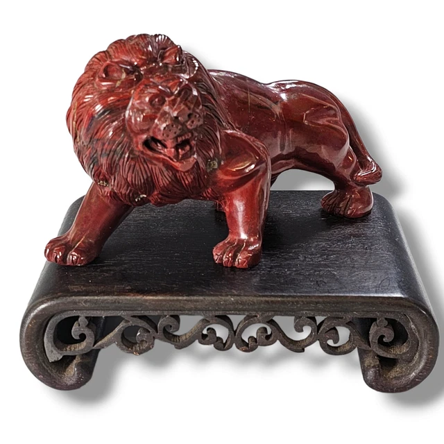 Vintage Chinese Red Jasper Lion Figurine W/ Stand Marble Statue Figurine
