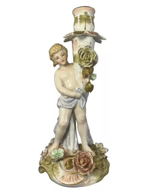 Antique German Sitzendorf Porcelain Figurine Candlestick 9.75 In READ