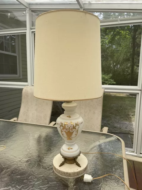 Vintage Brass Table Lamp With Light.Gold Painted Flowers.White Frosted Glass