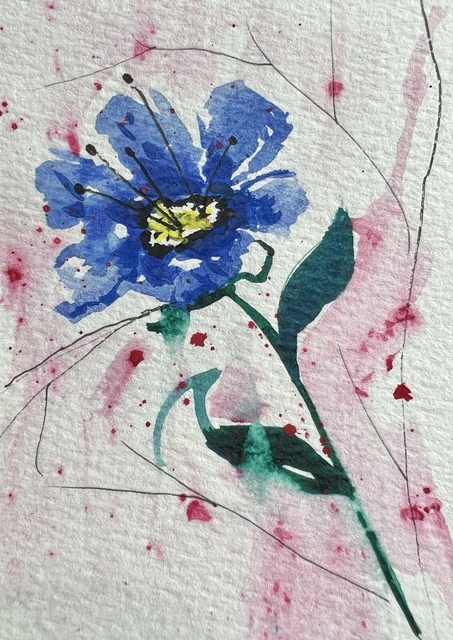 Original Watercolor Painting ACEO. Art Card. Abstract Flower. Blue flower