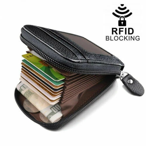 Men Wallet Credit Card Holder Genuine Leather RFID Blocking Zipper Pocket Thin