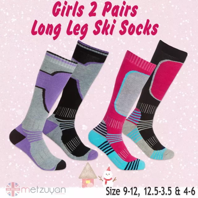 Girls Kids Teens 2 Pairs Winter Warm Thermal Hiking Trekking Long Leg Ski Socks