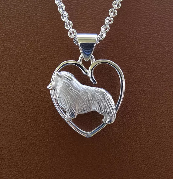 Sterling Silver Sheltie/Sheepdog Standing Study On A Heart Frame Pendant