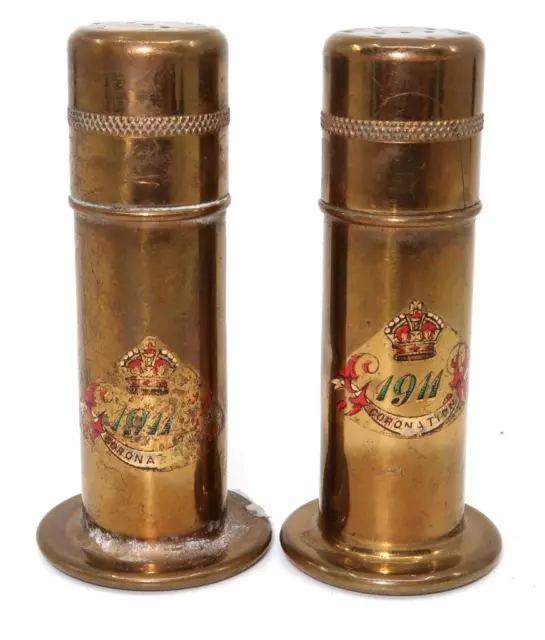 Antique 1911 George V Coronation Brass Salt & Pepper Shakers, 2 1/2" Tall