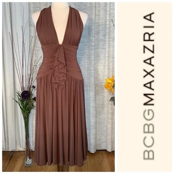 BCBG MaxAzria solid brown halter A-line dress.