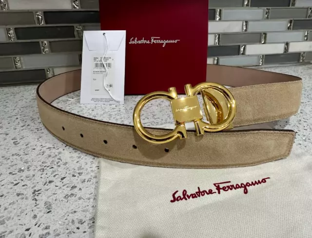 Authentic Tan/Beige Suede Salvatore Ferragamo Belt Gold Double Gancini Buckle