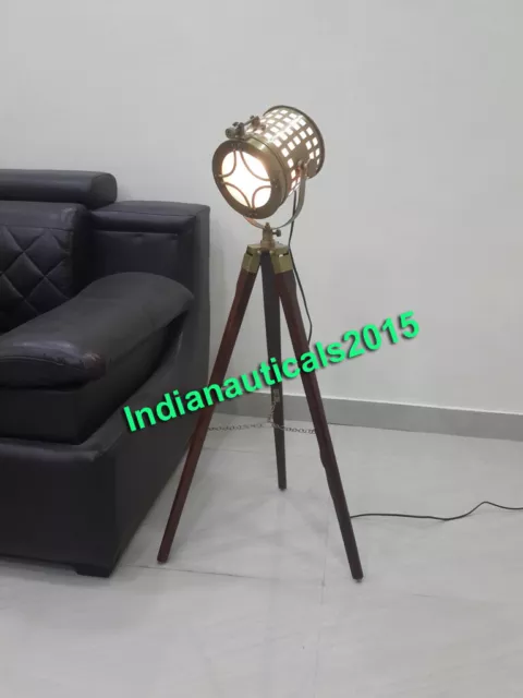 Modern Look Floor Lamp With Wooden Tripod Antique Brass finish Searchlight 3