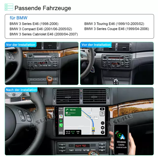 Carplay 9" Android 12 Autoradio GPS Navi WIFI DAB+ 2+32G Für BMW 3er E46 1998-06 3