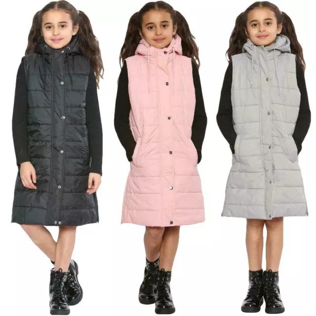 Filles Enfants Gilet Long à Capuche Doublé sans Manches Vestes 5-14 ans