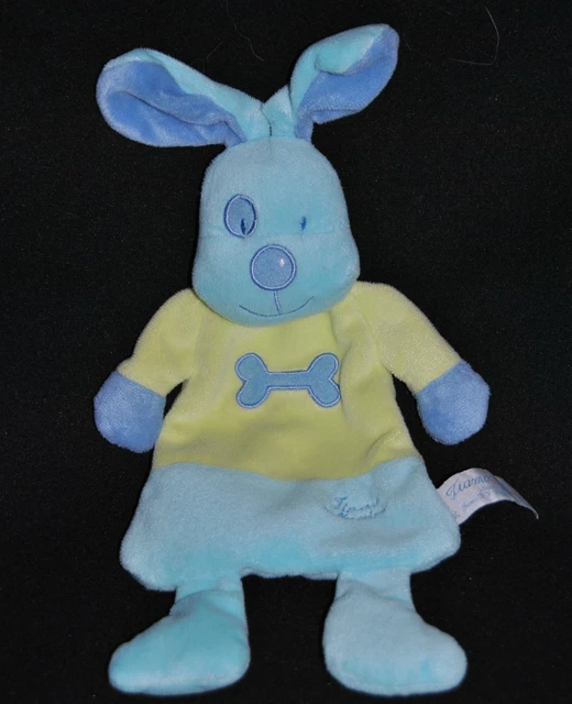 Peluche Doudou Chien Plat TIAMO Lapin Bleu Turquoise Vert Anis  Os Cocard  TTBE