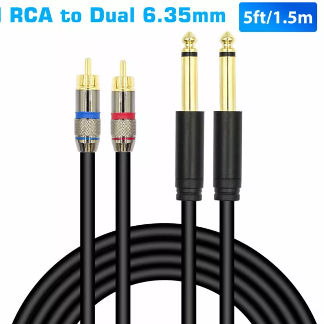 5FT 1/4 inch TRS Jack to Dual RCA Cable Gold-Plated 6.35mm to 2 RCA Stereo Audio