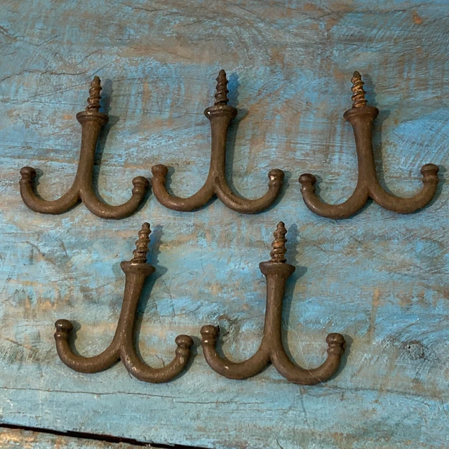Lot 5 Vtg Double Hooks Cast Iron Acorn Coat Wardrobe Antique